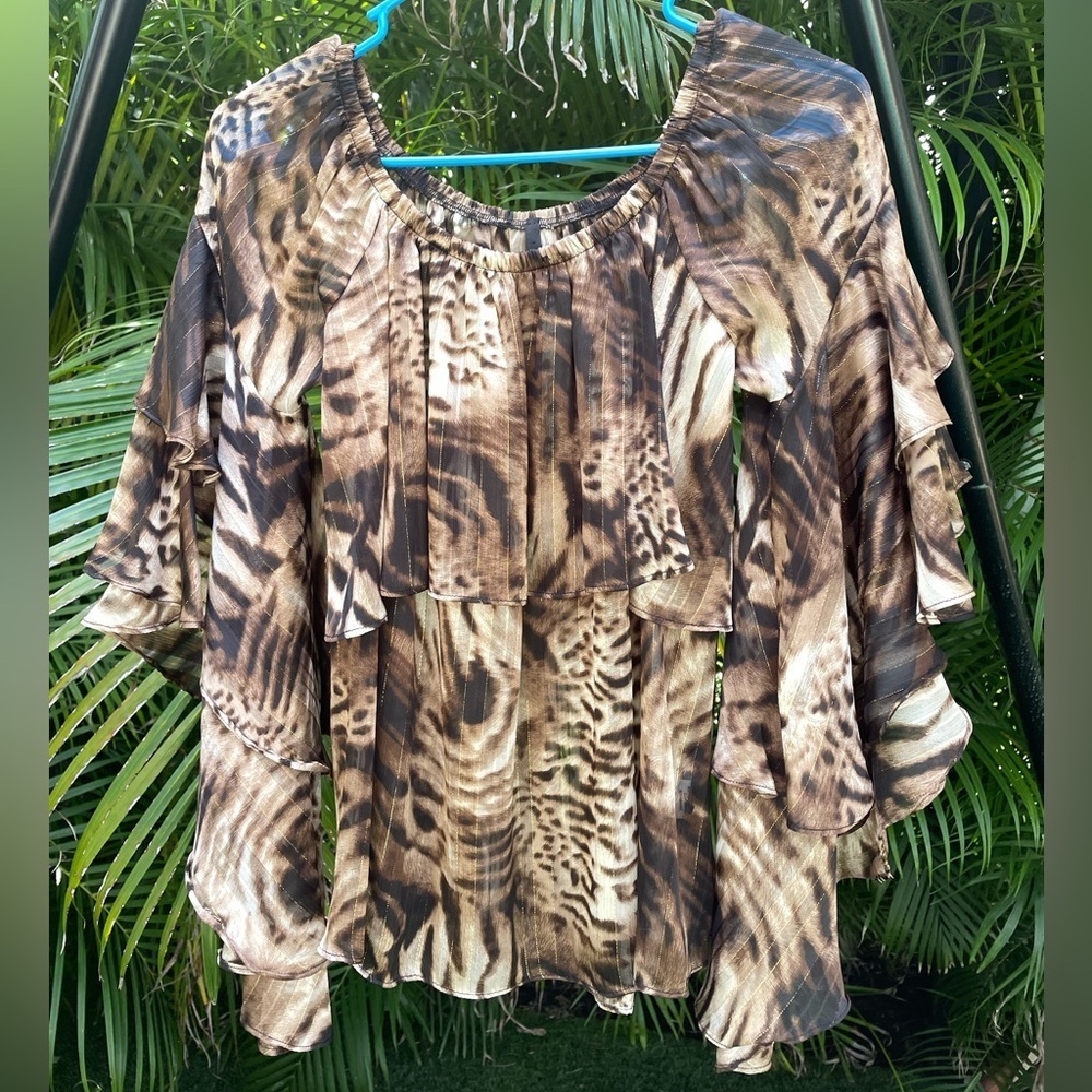 Ariella Animal Print Ruffled Blouse with Cascading Ruffle Sleeves